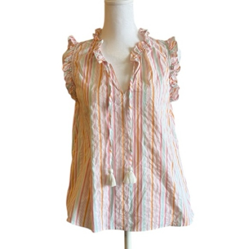 Vineyard Vines Performance Ruffle Sleeve Striped Tassel Blouse XS Pastel